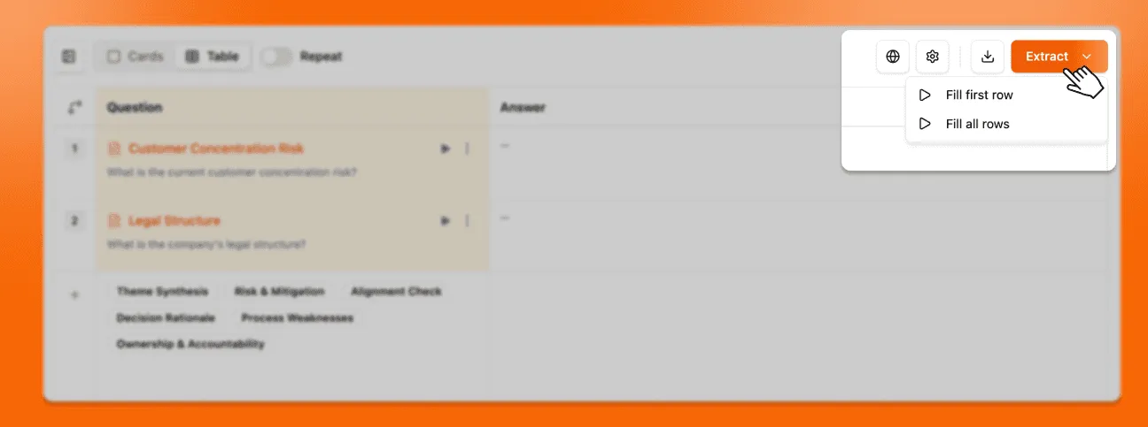 The Extract button expanded, offering a single row or all rows.