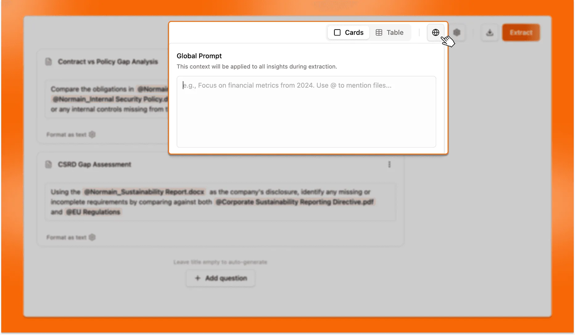 The Global Prompt field above a list of insights, each with its own instruction.