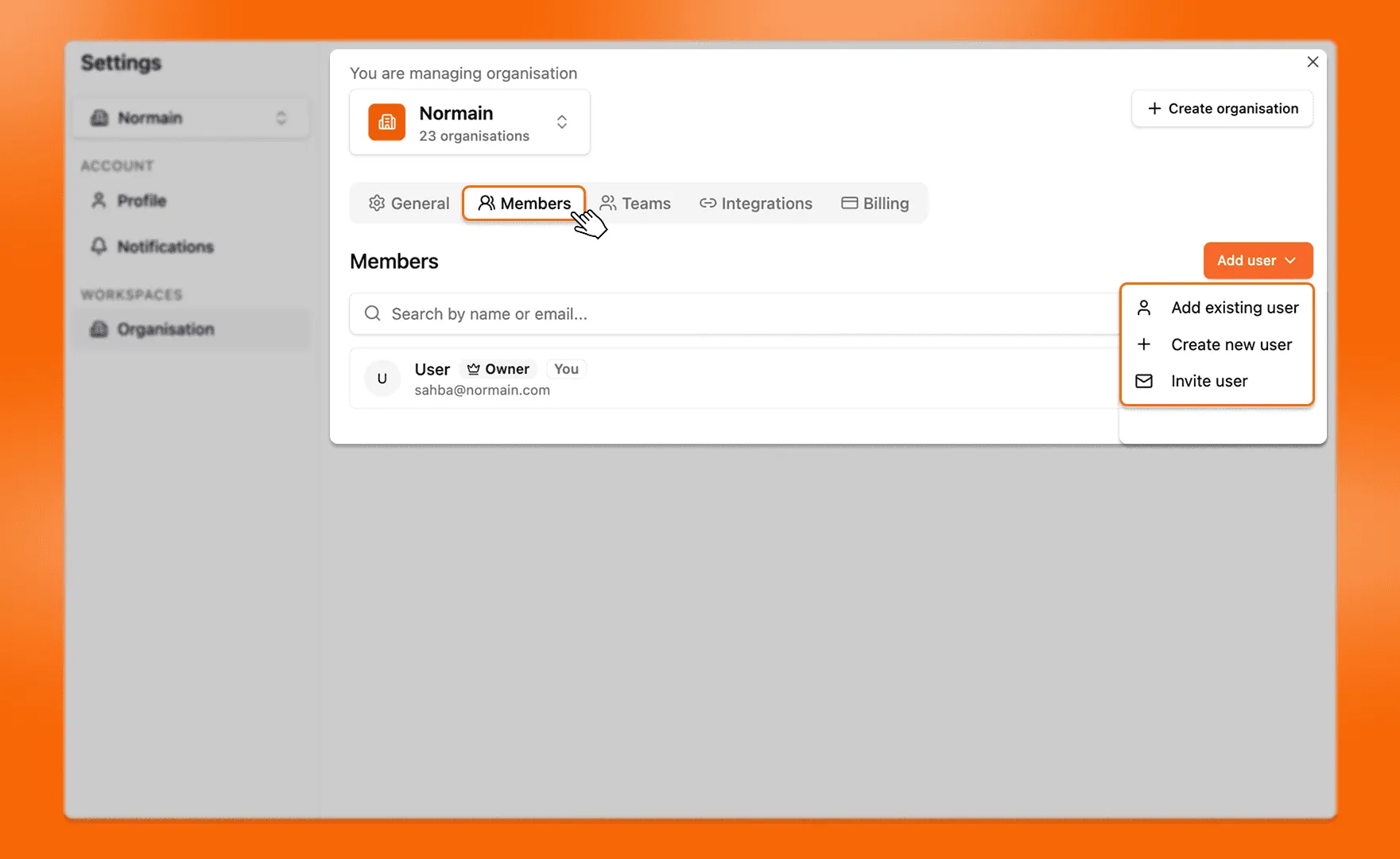The Members tab of Organization settings with the Add User options open.