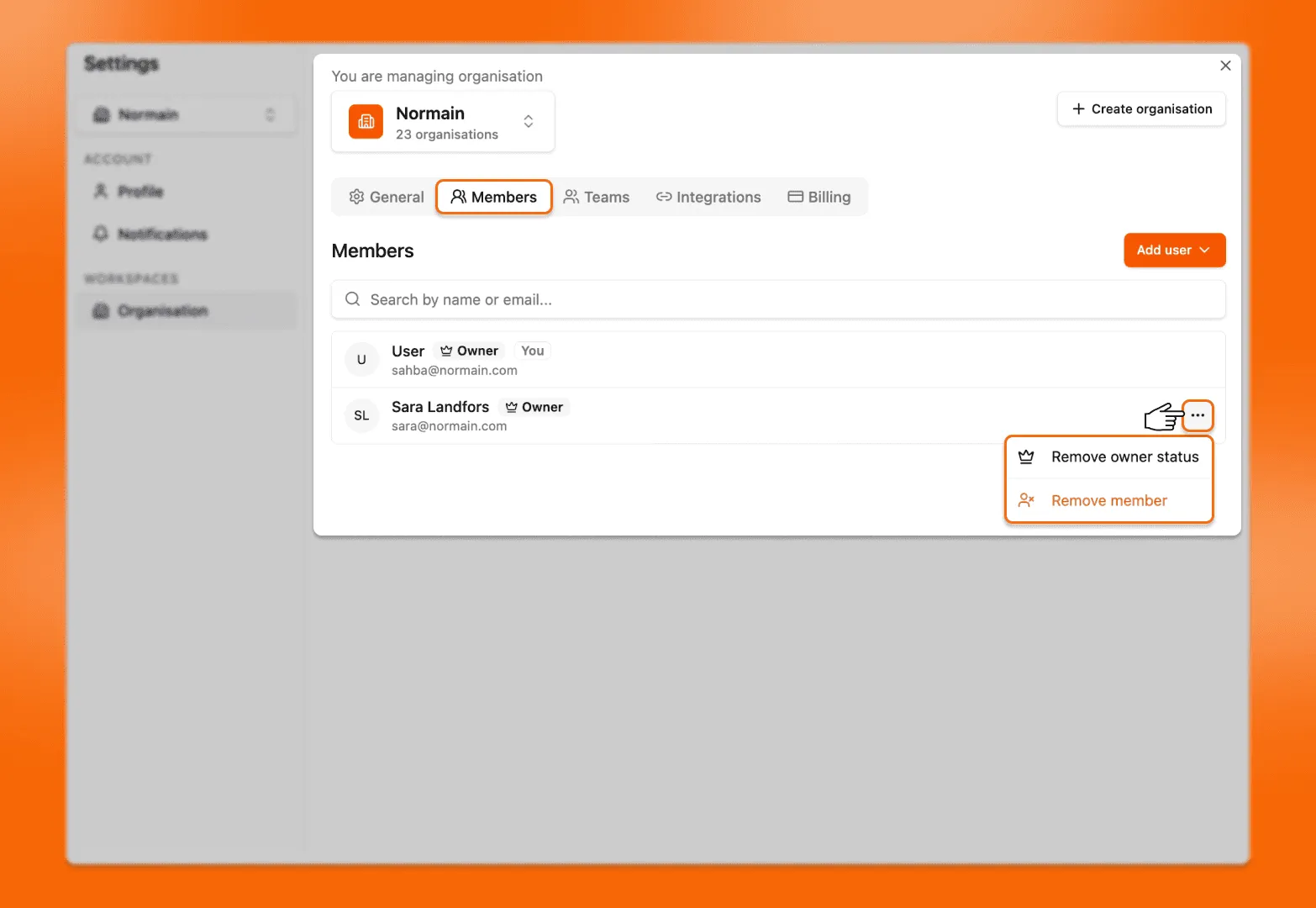 The Members tab with a row menu open, offering remove and promote actions.