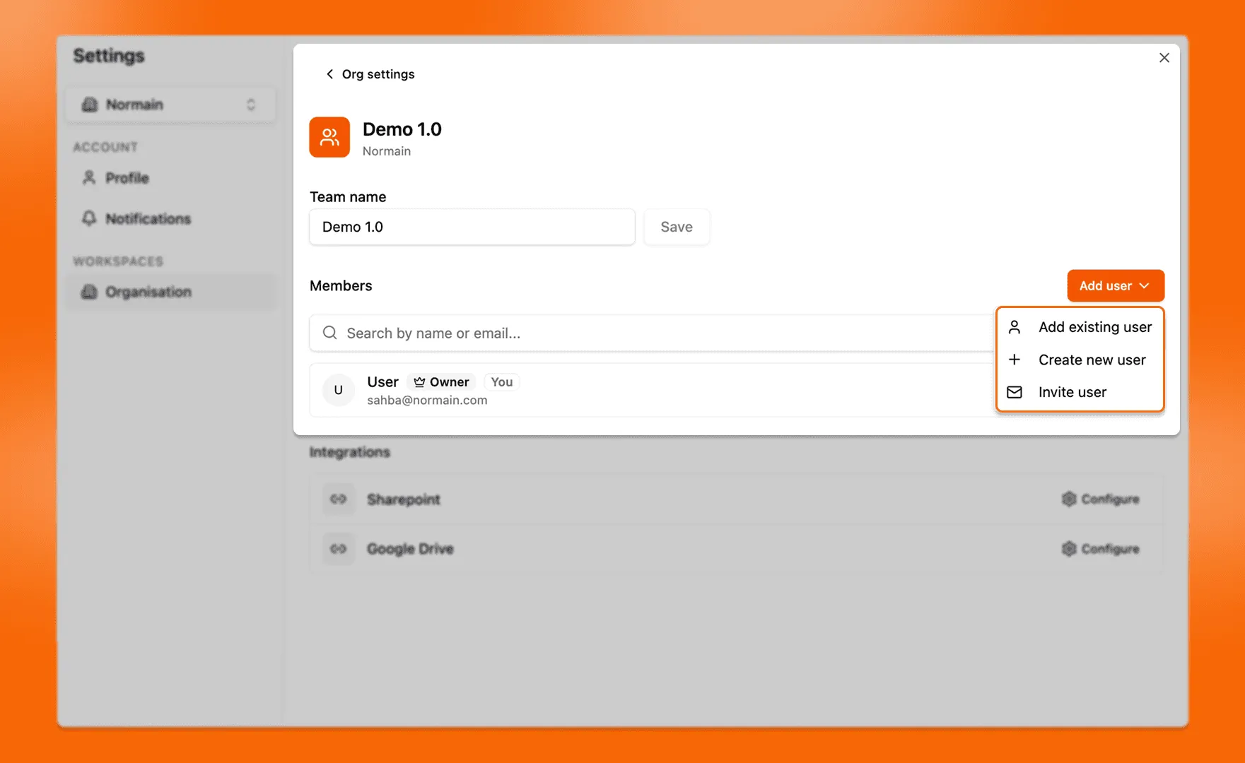 The Manage Team dialog, adding and removing members of a Team.