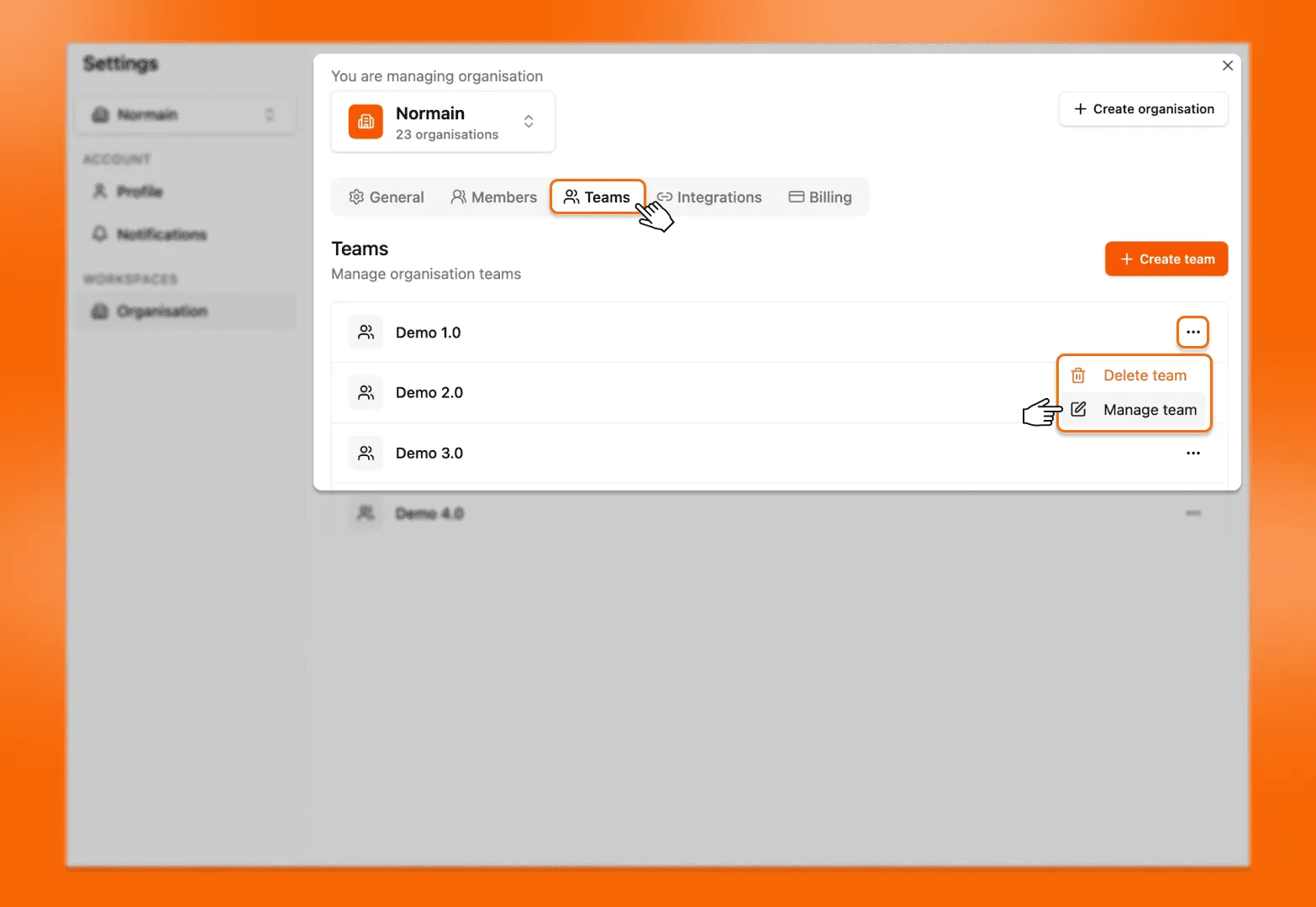 The Teams tab with a Team's row menu open, showing Manage Team and Delete Team.