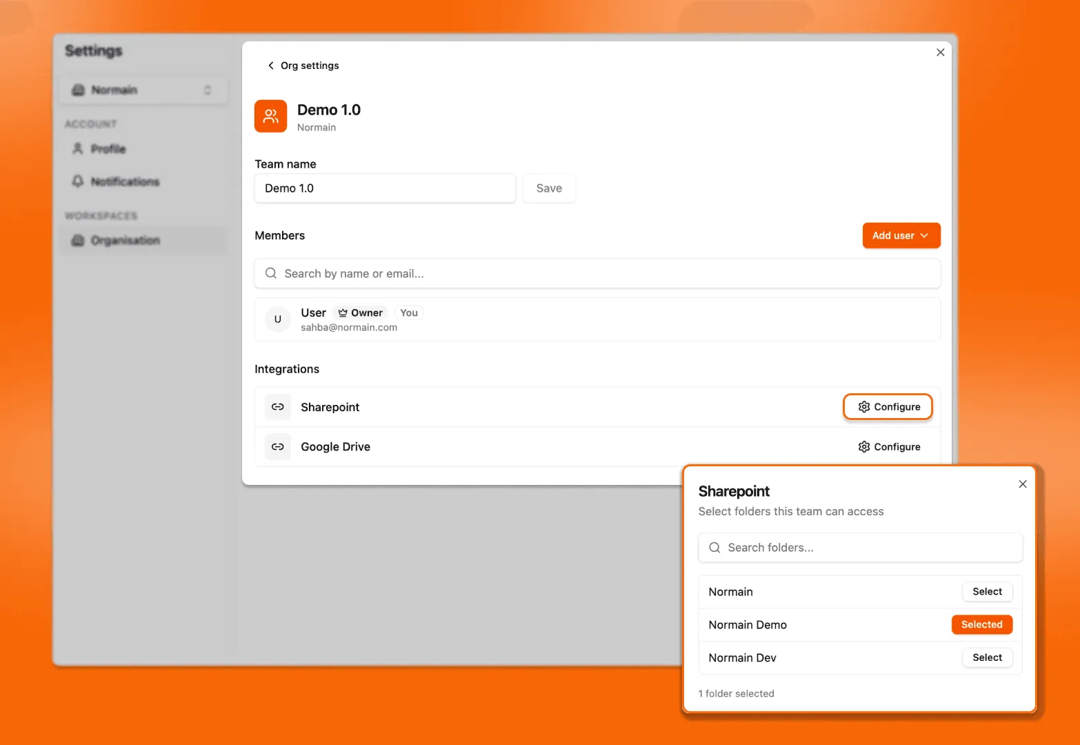 Per-Team integration access, selecting which sites the Team can use.